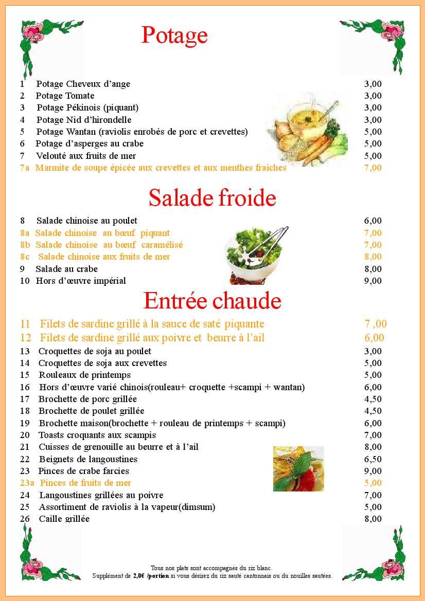 potage, salade froide, entrée chaude