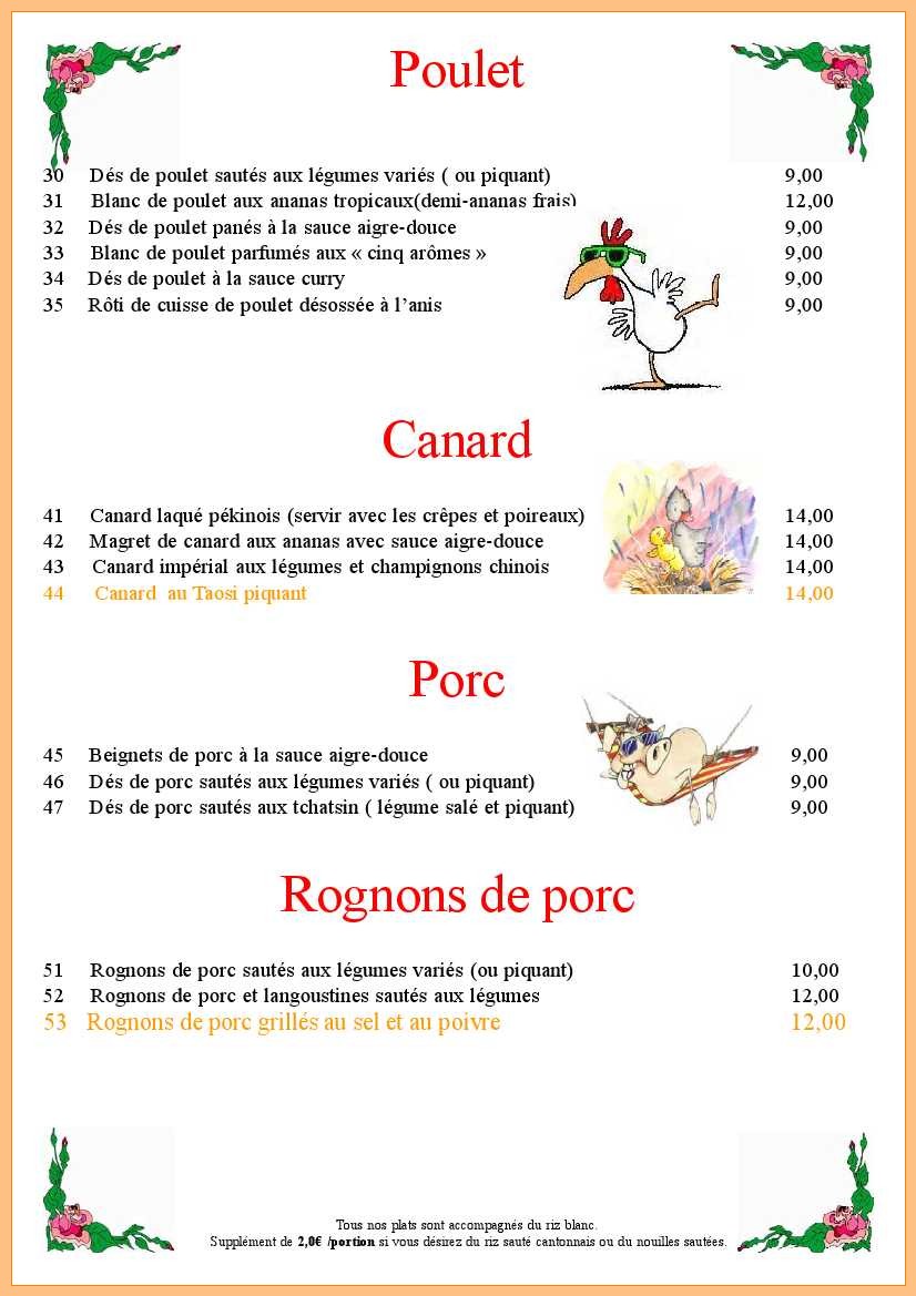 poulet,  canard, porc, rognon de porc