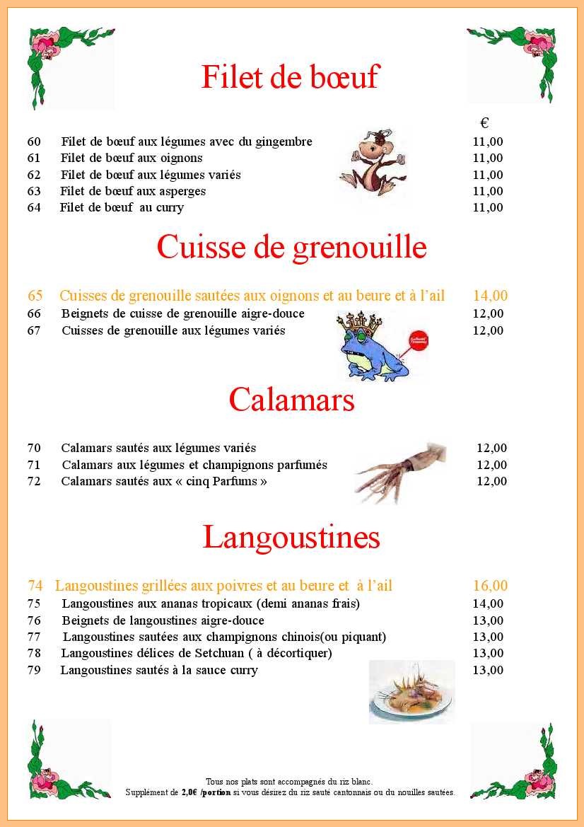 Filet de boeuf, cuisse de grenouille, calamar, Langoustine